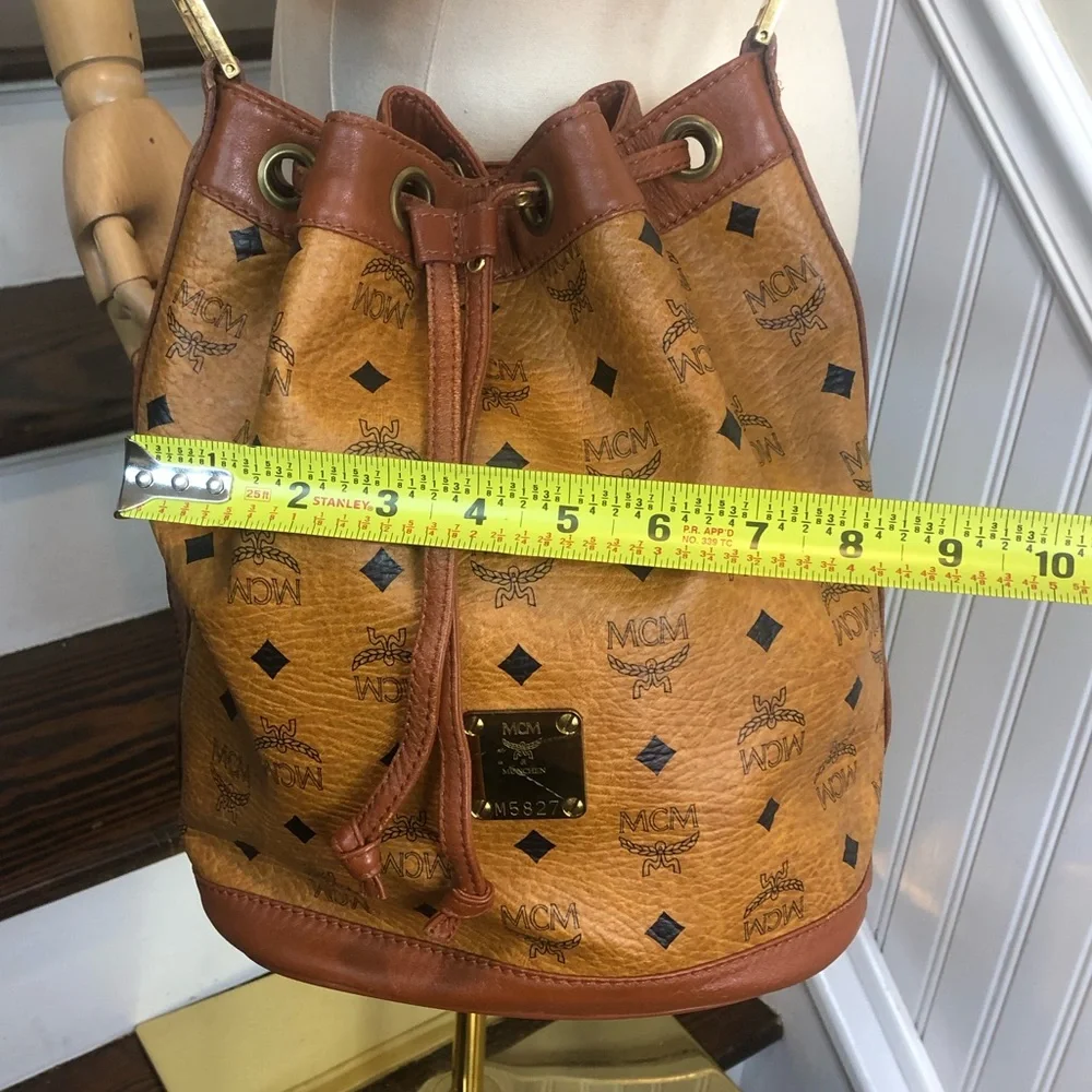 MCM Visetos Cognac Leather Monogram Bucket Drawstring Crossbody Bag EUC